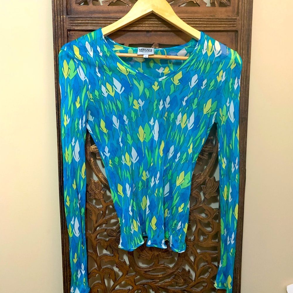 Versace Blue and Green Patterned Blouse